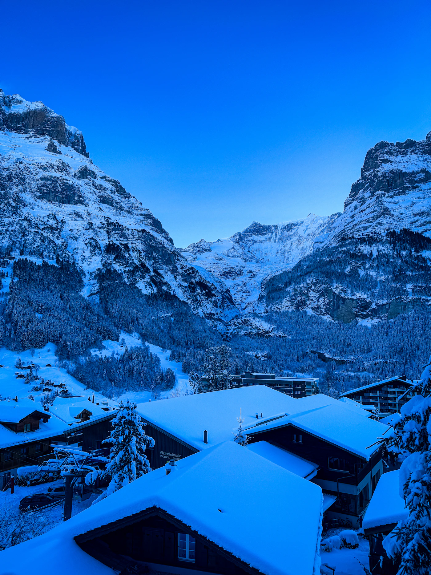格林德瓦冬季覆雪木屋與山谷