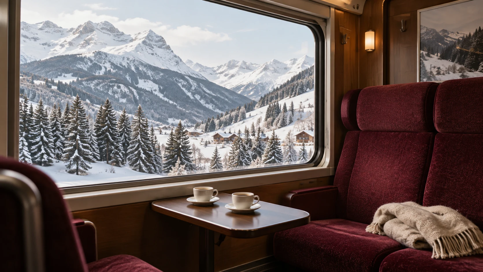 車窗雪景、熱飲與酒紅座椅的鐵道旅行情境示意