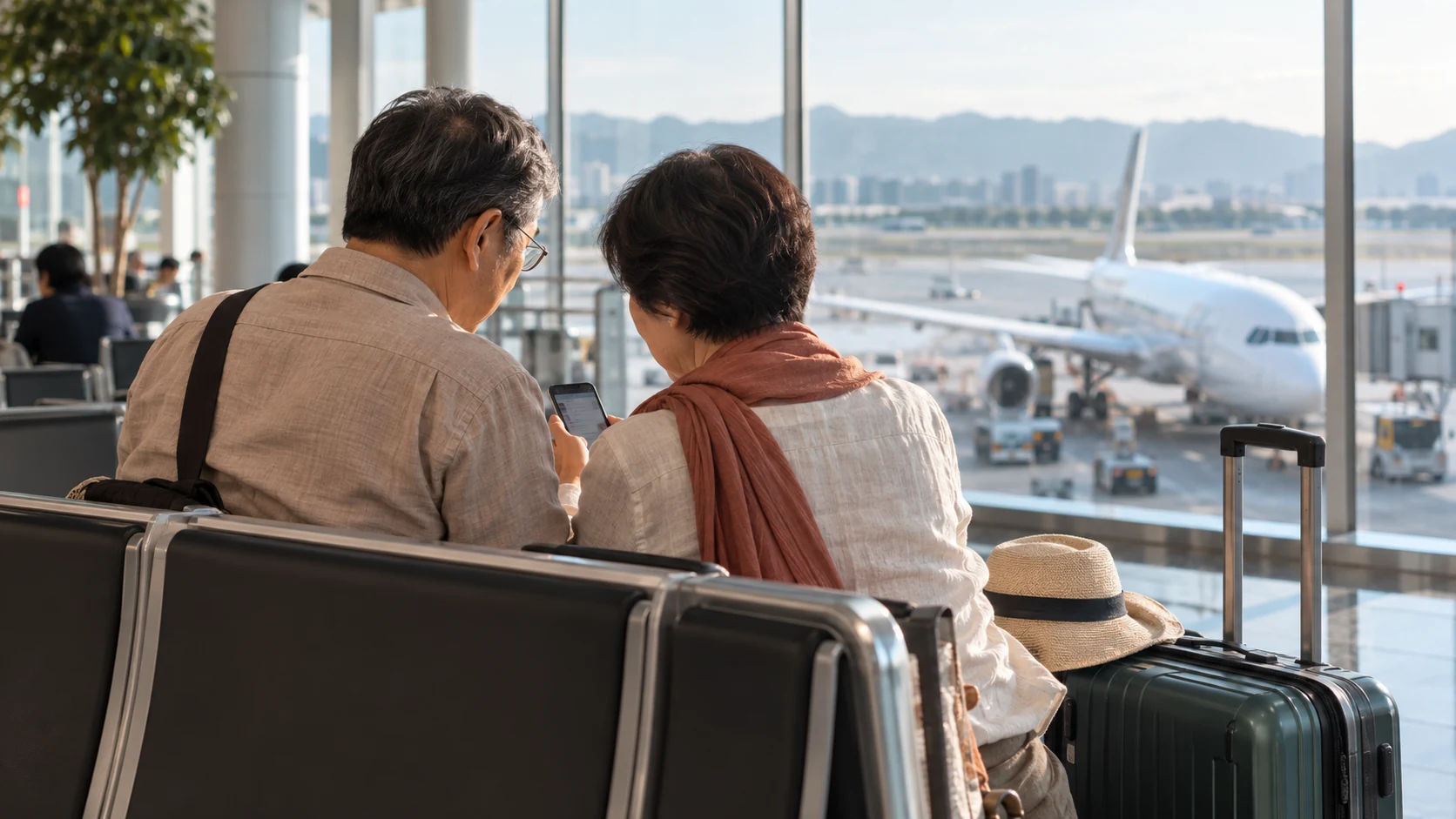 熟齡旅客在候機室用手機確認航班資訊，旁邊放著隨身行李